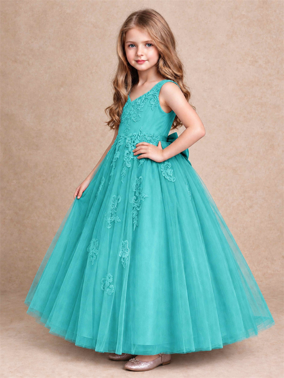 V Neck Lace Applique Tulle Flower Girl Dress Kids Wedding Party Princess Gown