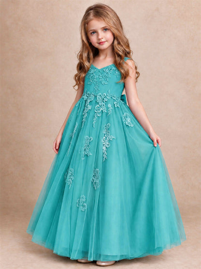 V Neck Lace Applique Tulle Flower Girl Dress Kids Wedding Party Princess Gown