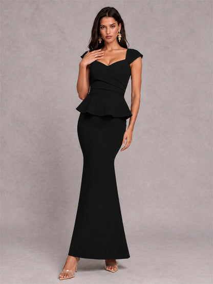 V-Neck Mermaid Satin Ruched Cap Sleeve Pleated Evening Dress