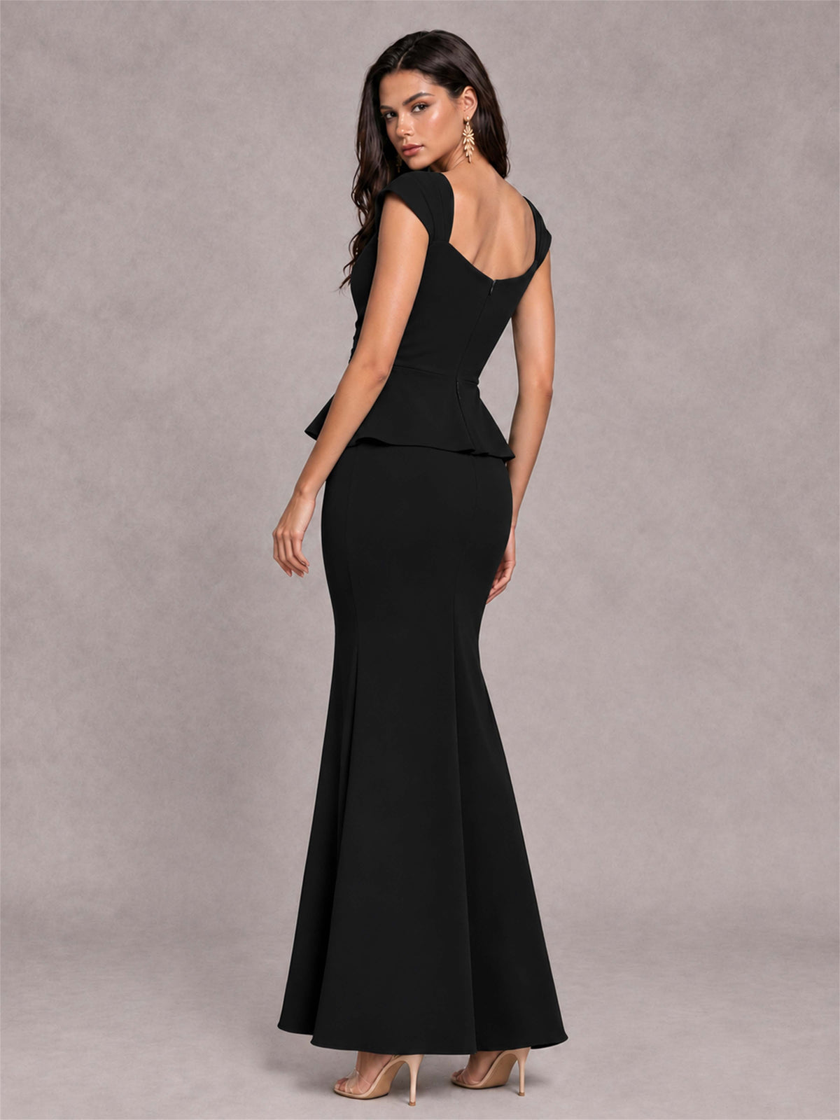 V-Neck Mermaid Satin Ruched Cap Sleeve Pleated Evening Dress