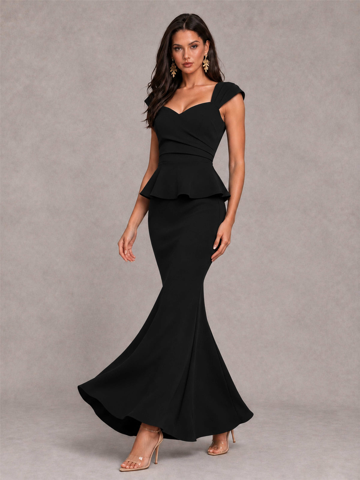 V-Neck Mermaid Satin Ruched Cap Sleeve Pleated Evening Dress