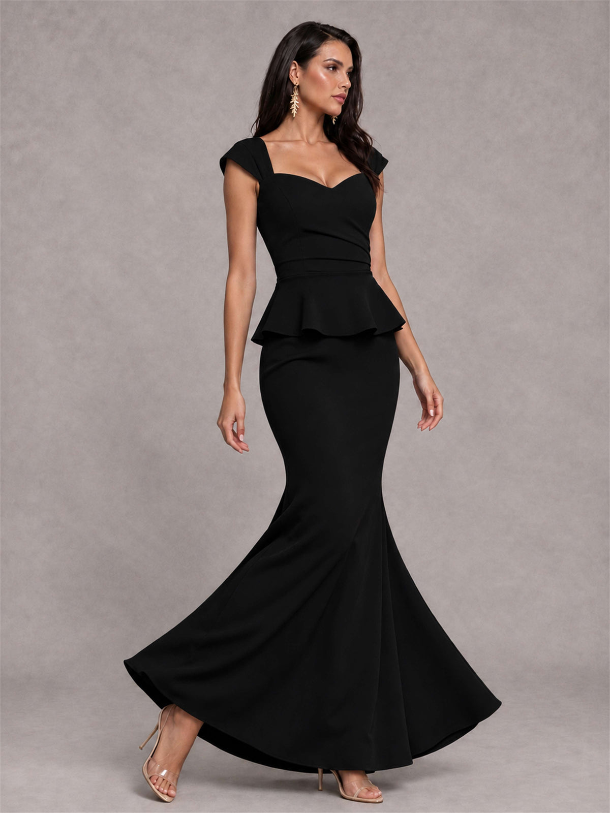 V-Neck Mermaid Satin Ruched Cap Sleeve Pleated Evening Dress