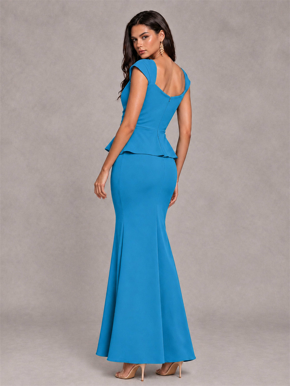 V-Neck Mermaid Satin Ruched Cap Sleeve Pleated Evening Dress