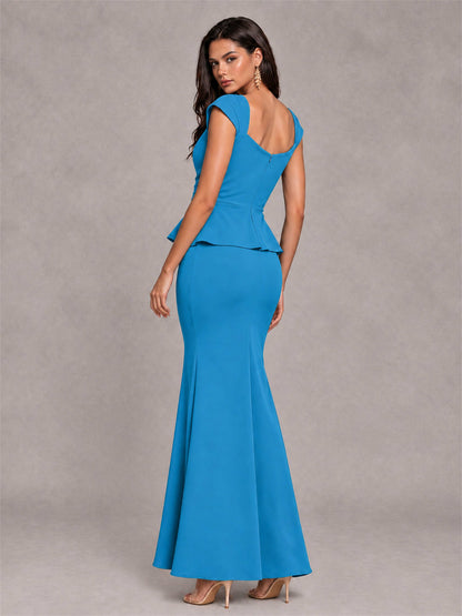 V-Neck Mermaid Satin Ruched Cap Sleeve Pleated Evening Dress