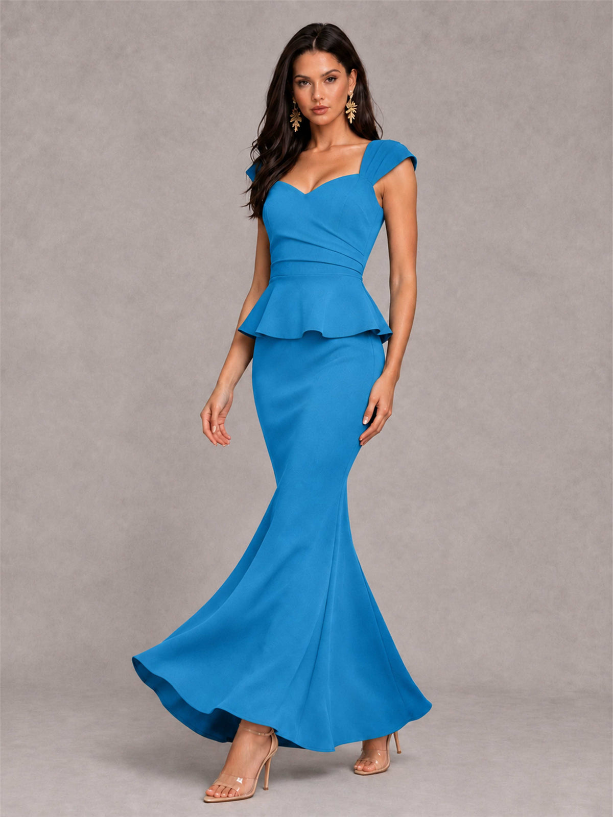 V-Neck Mermaid Satin Ruched Cap Sleeve Pleated Evening Dress