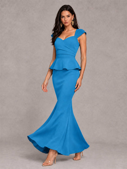 V-Neck Mermaid Satin Ruched Cap Sleeve Pleated Evening Dress