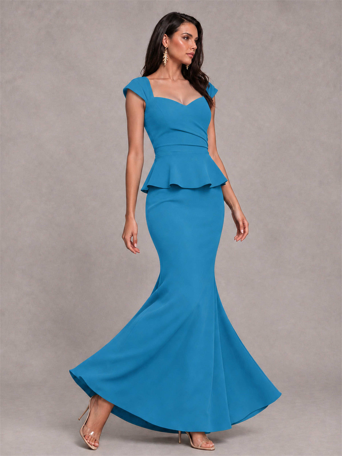 V-Neck Mermaid Satin Ruched Cap Sleeve Pleated Evening Dress