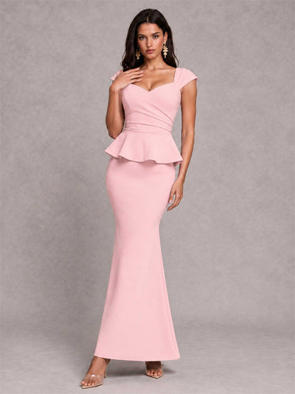 V-Neck Mermaid Satin Ruched Cap Sleeve Pleated Evening Dress