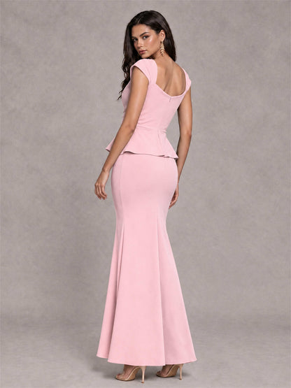 V-Neck Mermaid Satin Ruched Cap Sleeve Pleated Evening Dress