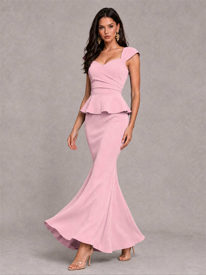 V-Neck Mermaid Satin Ruched Cap Sleeve Pleated Evening Dress