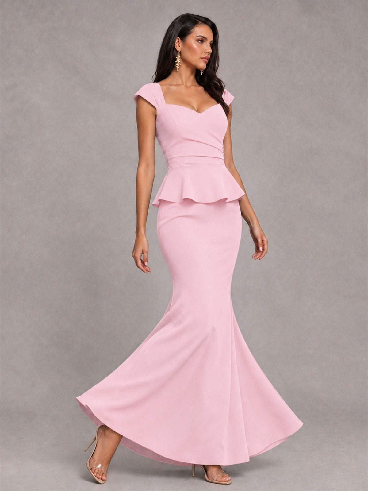 V-Neck Mermaid Satin Ruched Cap Sleeve Pleated Evening Dress