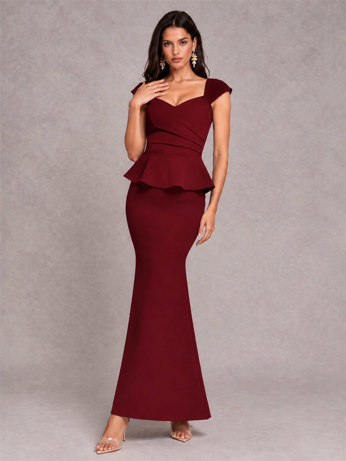 V-Neck Mermaid Satin Ruched Cap Sleeve Pleated Evening Dress