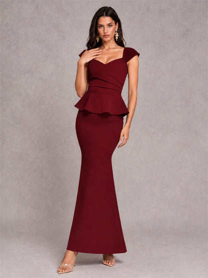 V-Neck Mermaid Satin Ruched Cap Sleeve Pleated Evening Dress