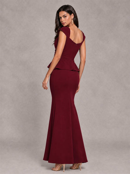 V-Neck Mermaid Satin Ruched Cap Sleeve Pleated Evening Dress