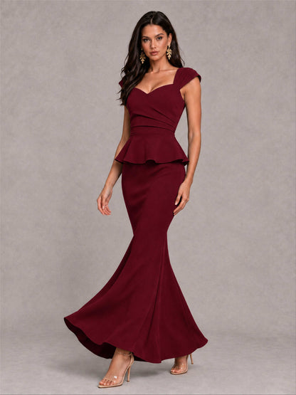 V-Neck Mermaid Satin Ruched Cap Sleeve Pleated Evening Dress
