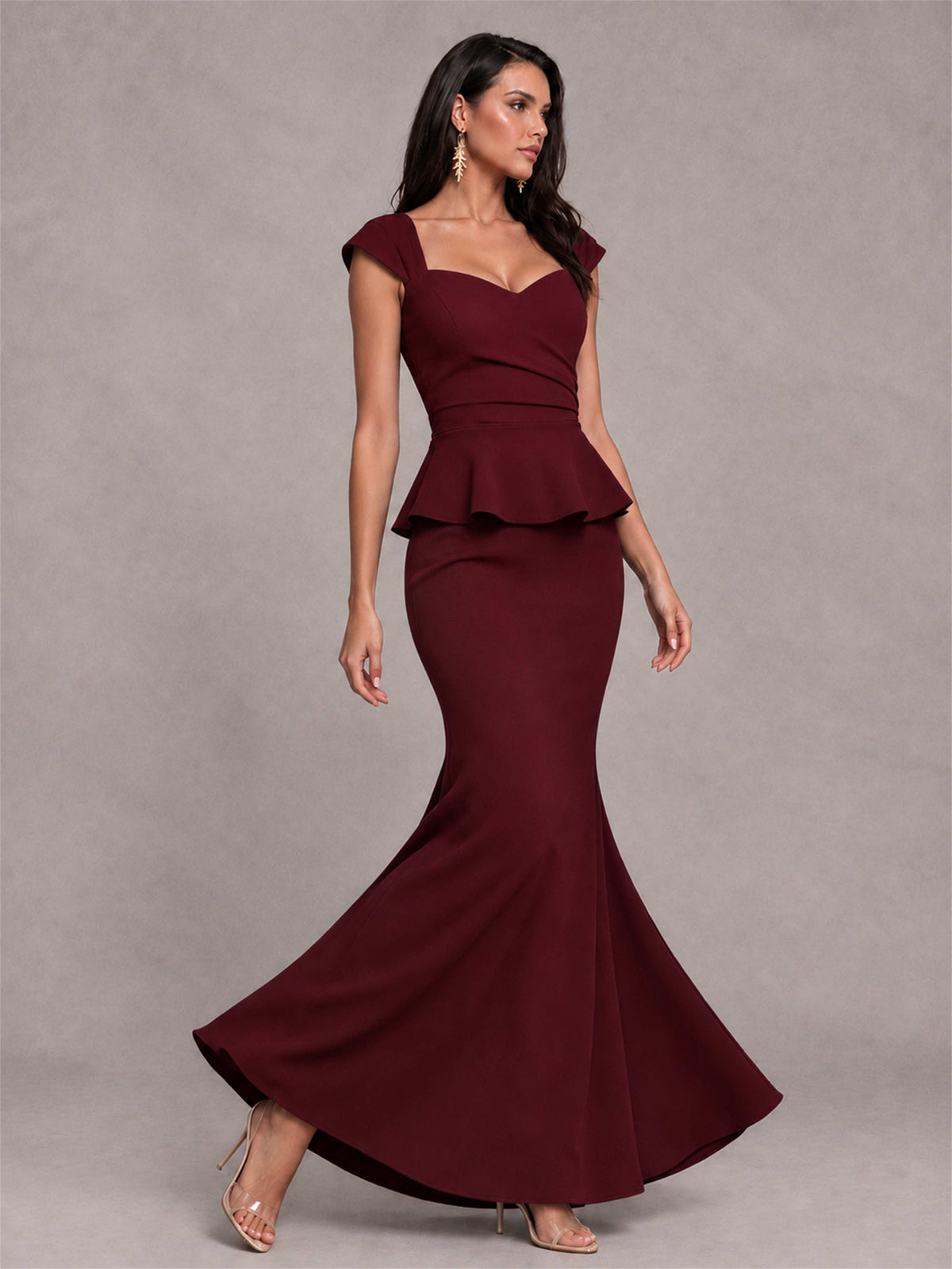 V-Neck Mermaid Satin Ruched Cap Sleeve Pleated Evening Dress