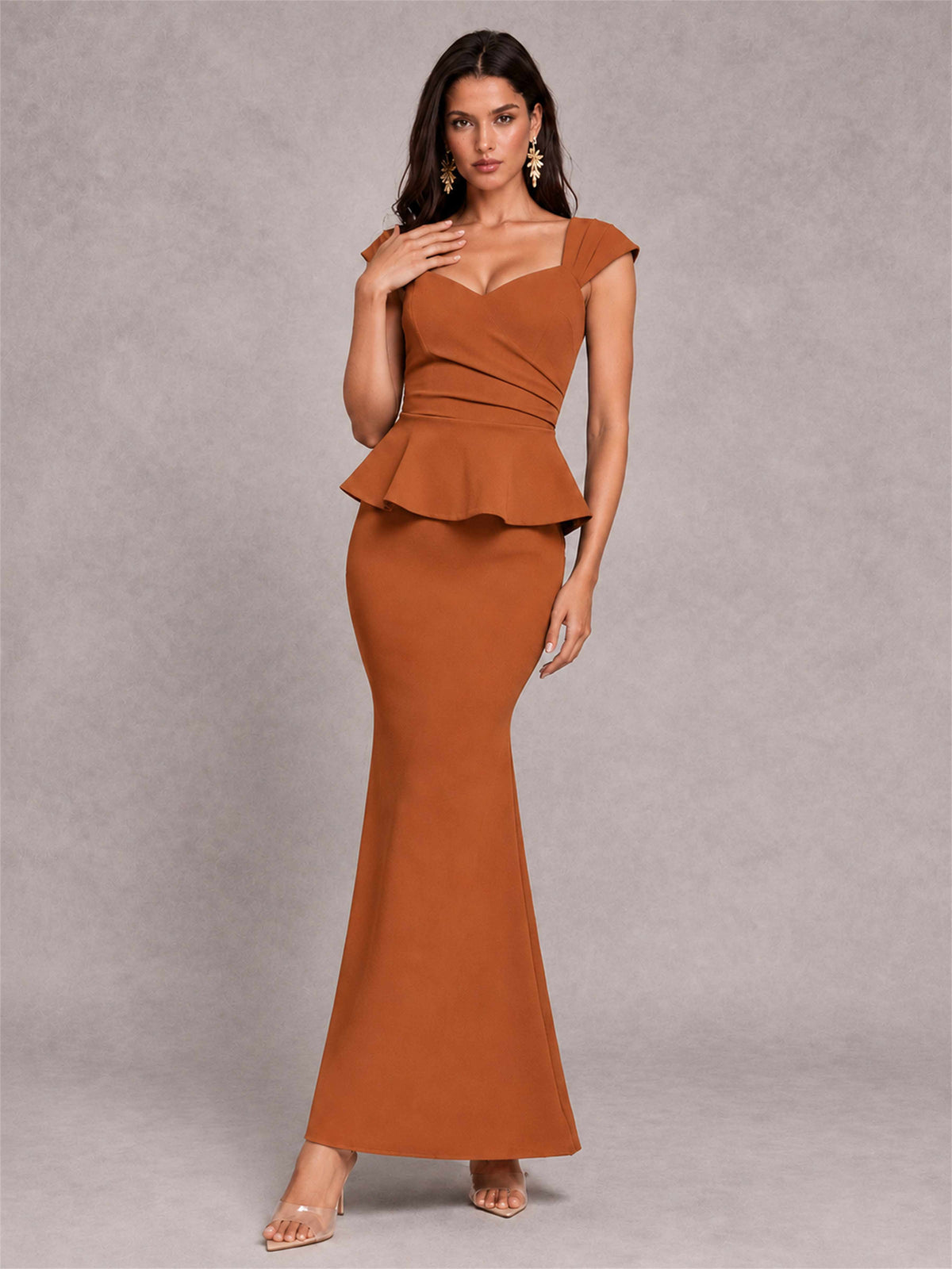 V-Neck Mermaid Satin Ruched Cap Sleeve Pleated Evening Dress