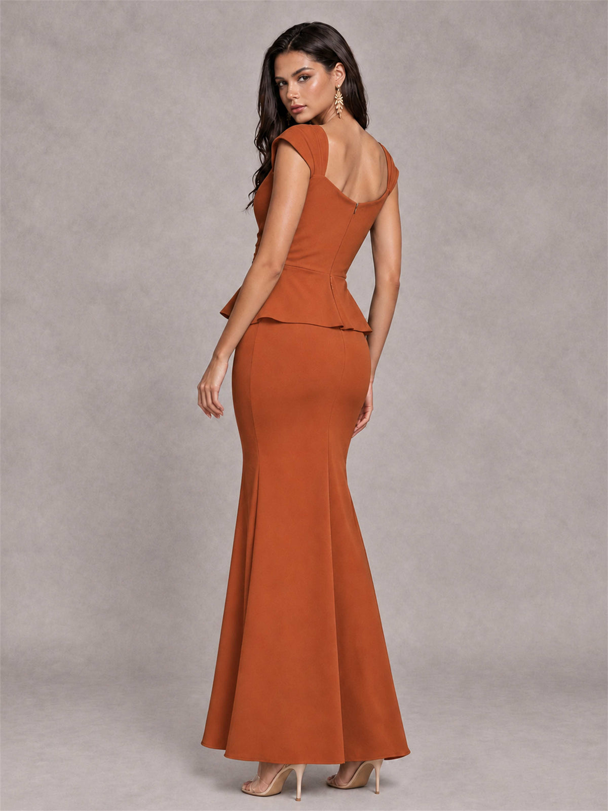 V-Neck Mermaid Satin Ruched Cap Sleeve Pleated Evening Dress