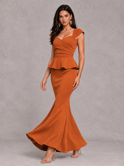 V-Neck Mermaid Satin Ruched Cap Sleeve Pleated Evening Dress