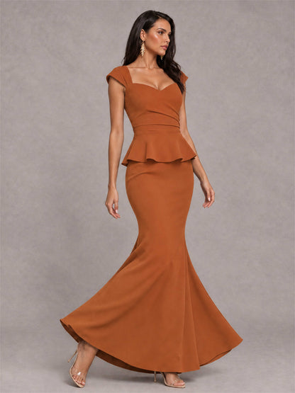 V-Neck Mermaid Satin Ruched Cap Sleeve Pleated Evening Dress