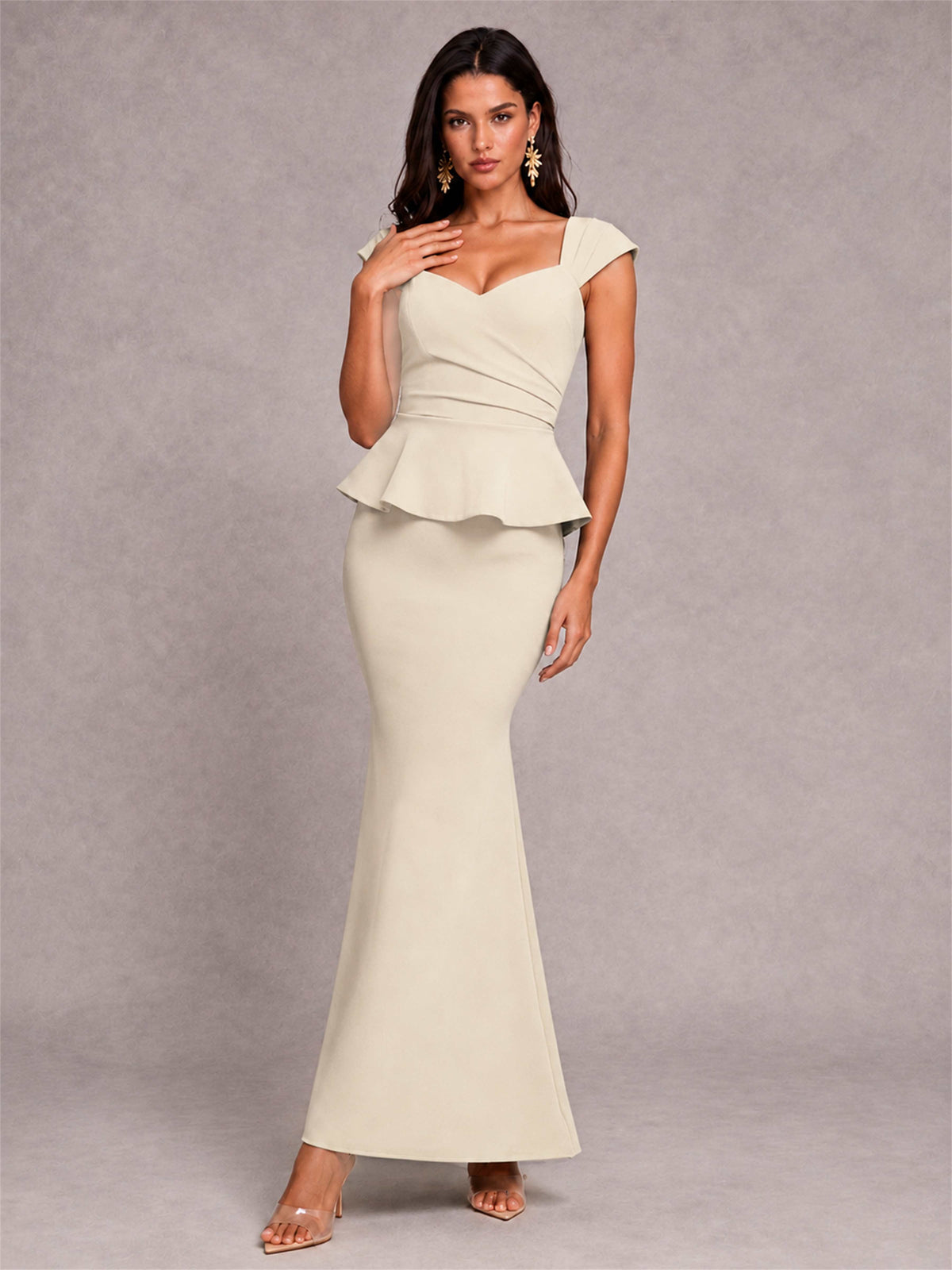V-Neck Mermaid Satin Ruched Cap Sleeve Pleated Evening Dress