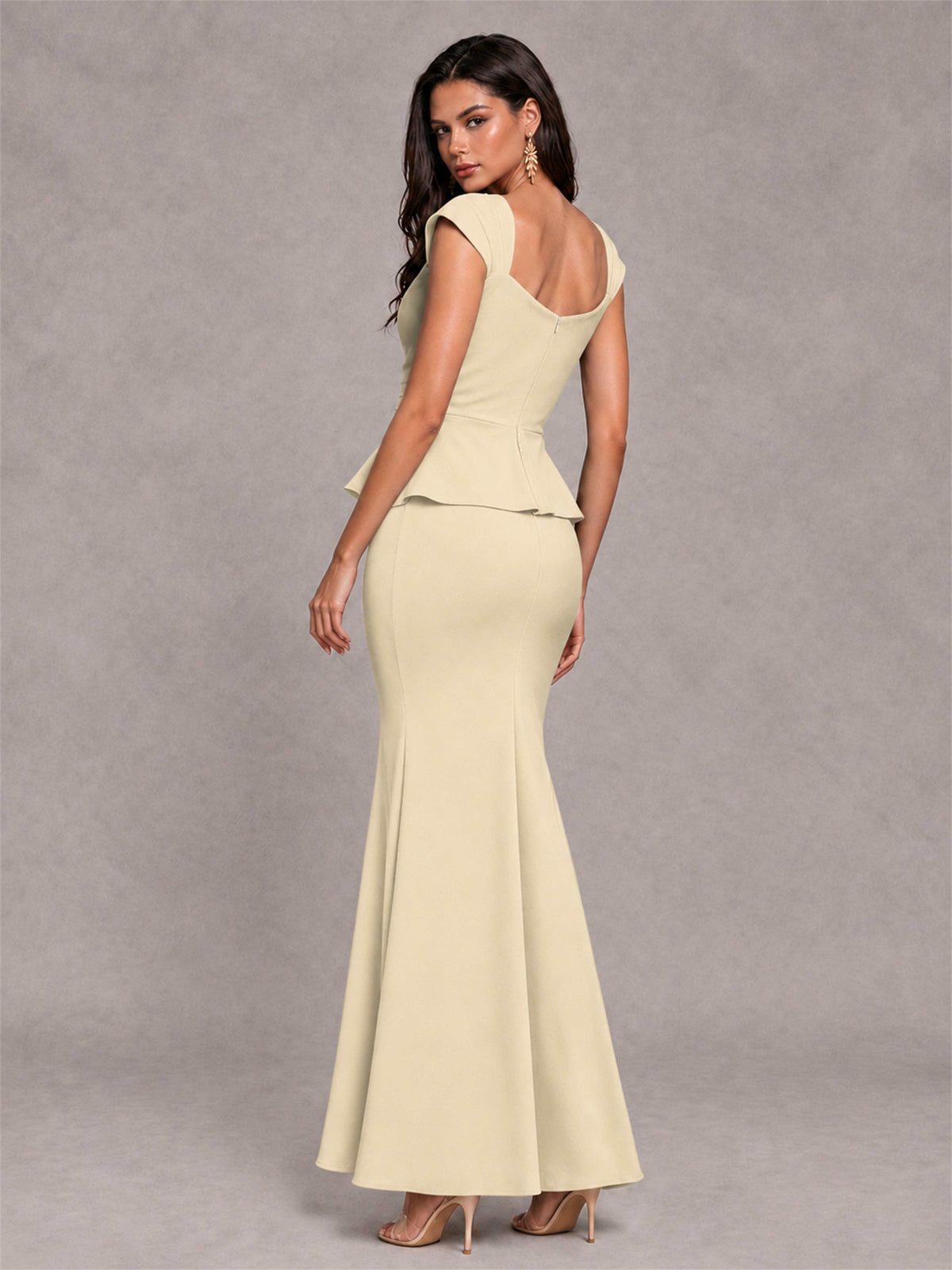 V-Neck Mermaid Satin Ruched Cap Sleeve Pleated Evening Dress
