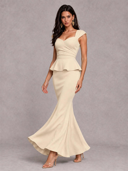 V-Neck Mermaid Satin Ruched Cap Sleeve Pleated Evening Dress