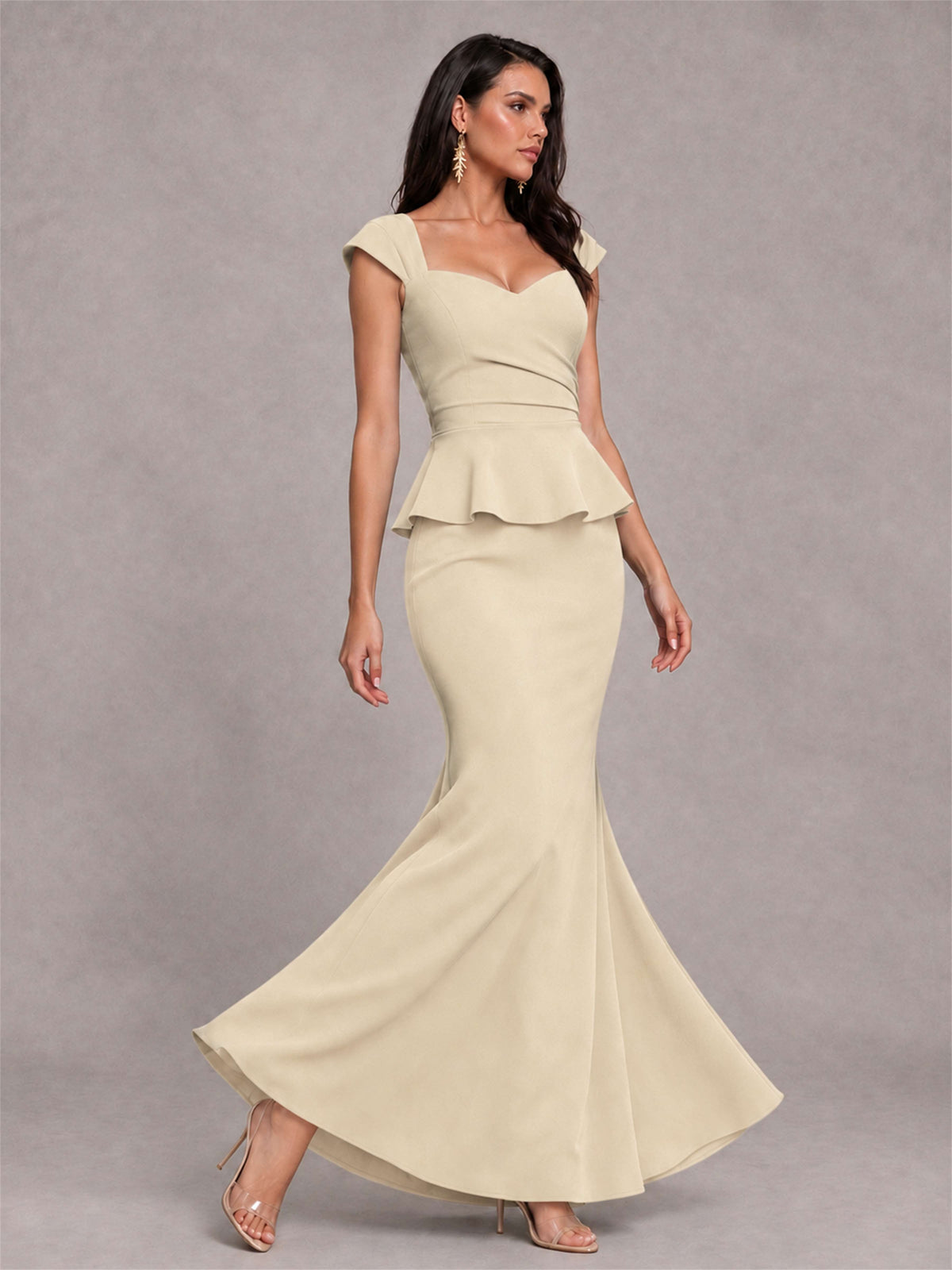 V-Neck Mermaid Satin Ruched Cap Sleeve Pleated Evening Dress