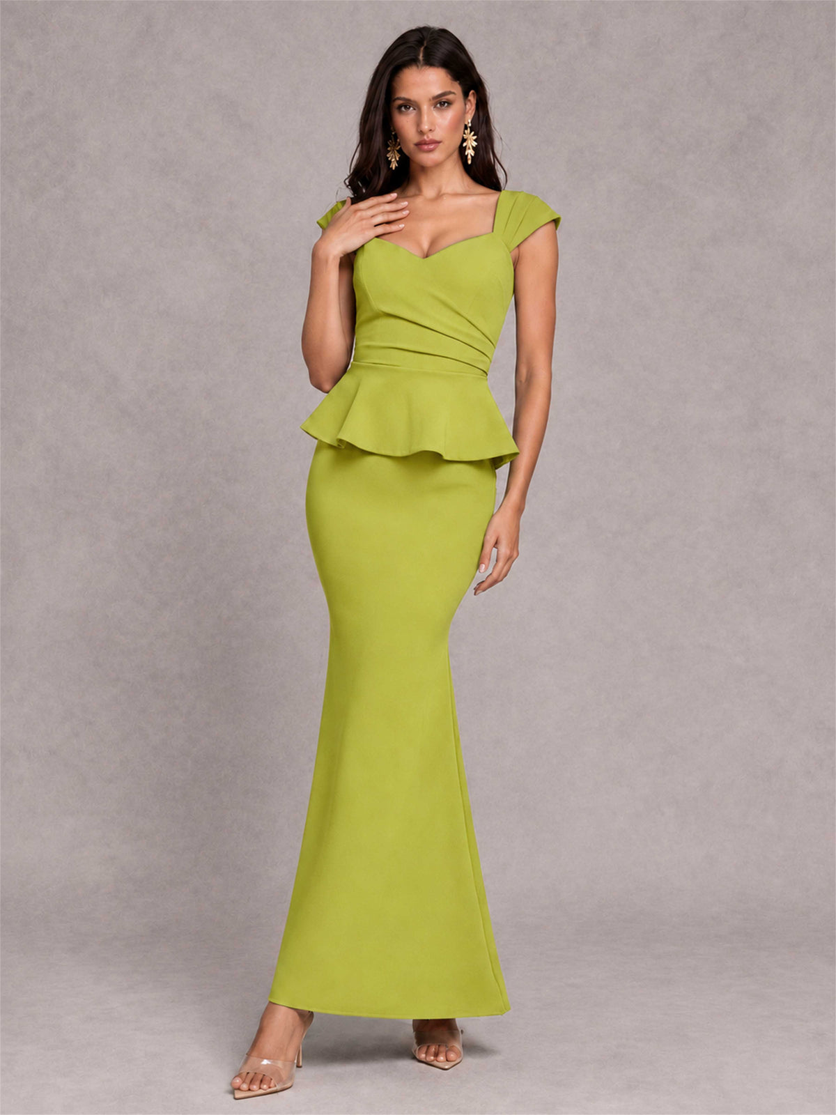 V-Neck Mermaid Satin Ruched Cap Sleeve Pleated Evening Dress
