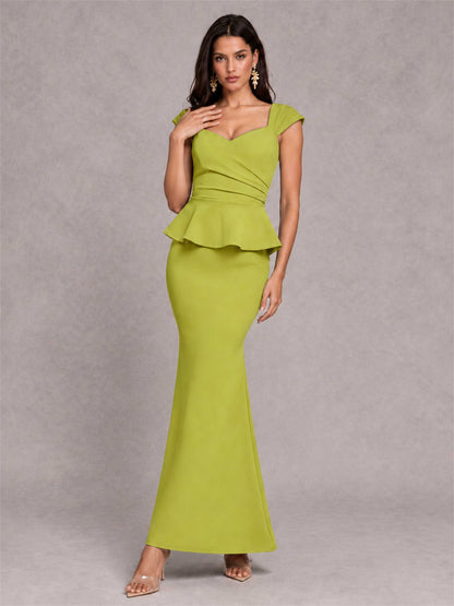V-Neck Mermaid Satin Ruched Cap Sleeve Pleated Evening Dress
