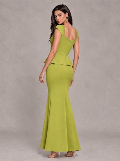 V-Neck Mermaid Satin Ruched Cap Sleeve Pleated Evening Dress