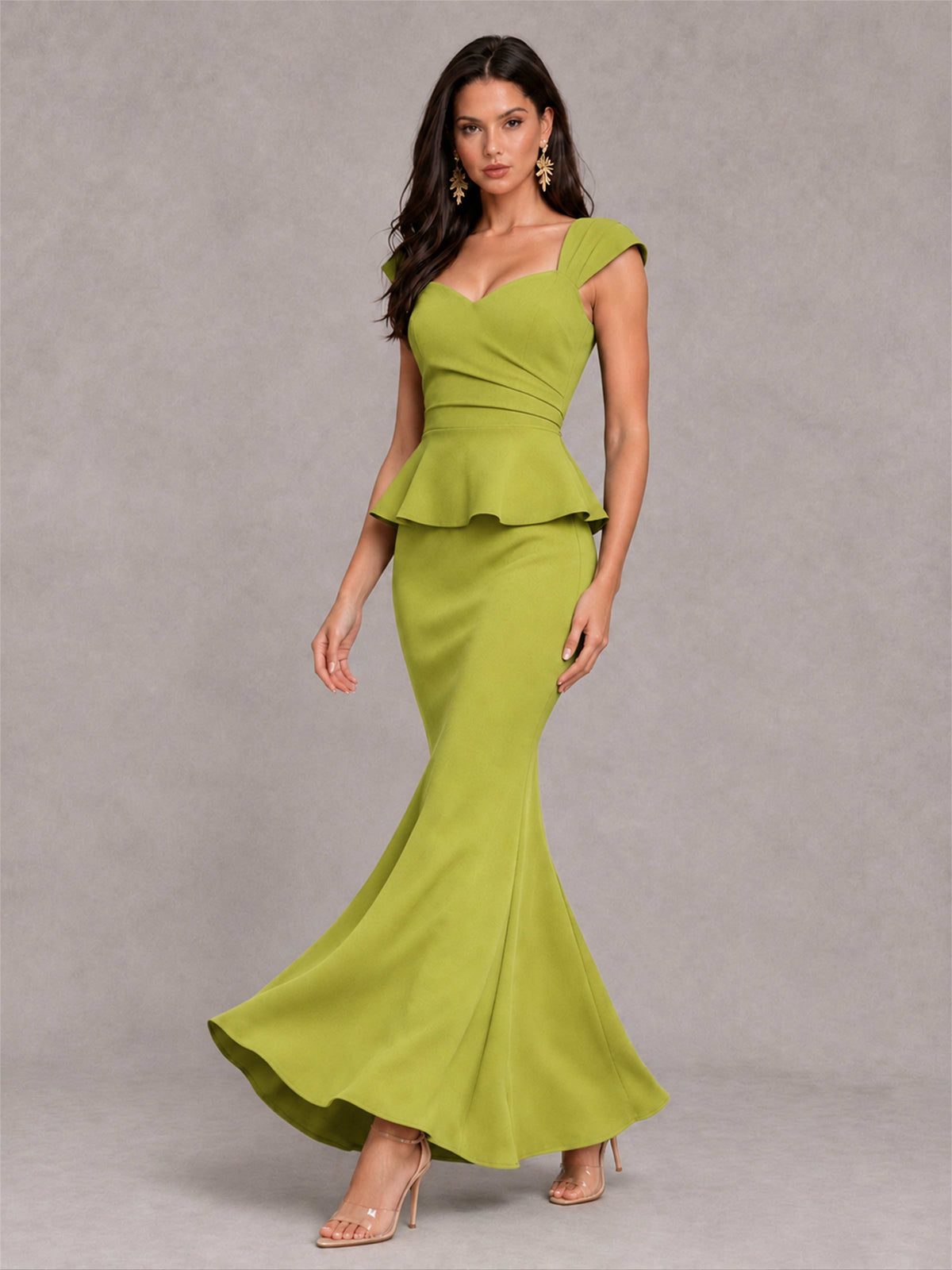 V-Neck Mermaid Satin Ruched Cap Sleeve Pleated Evening Dress