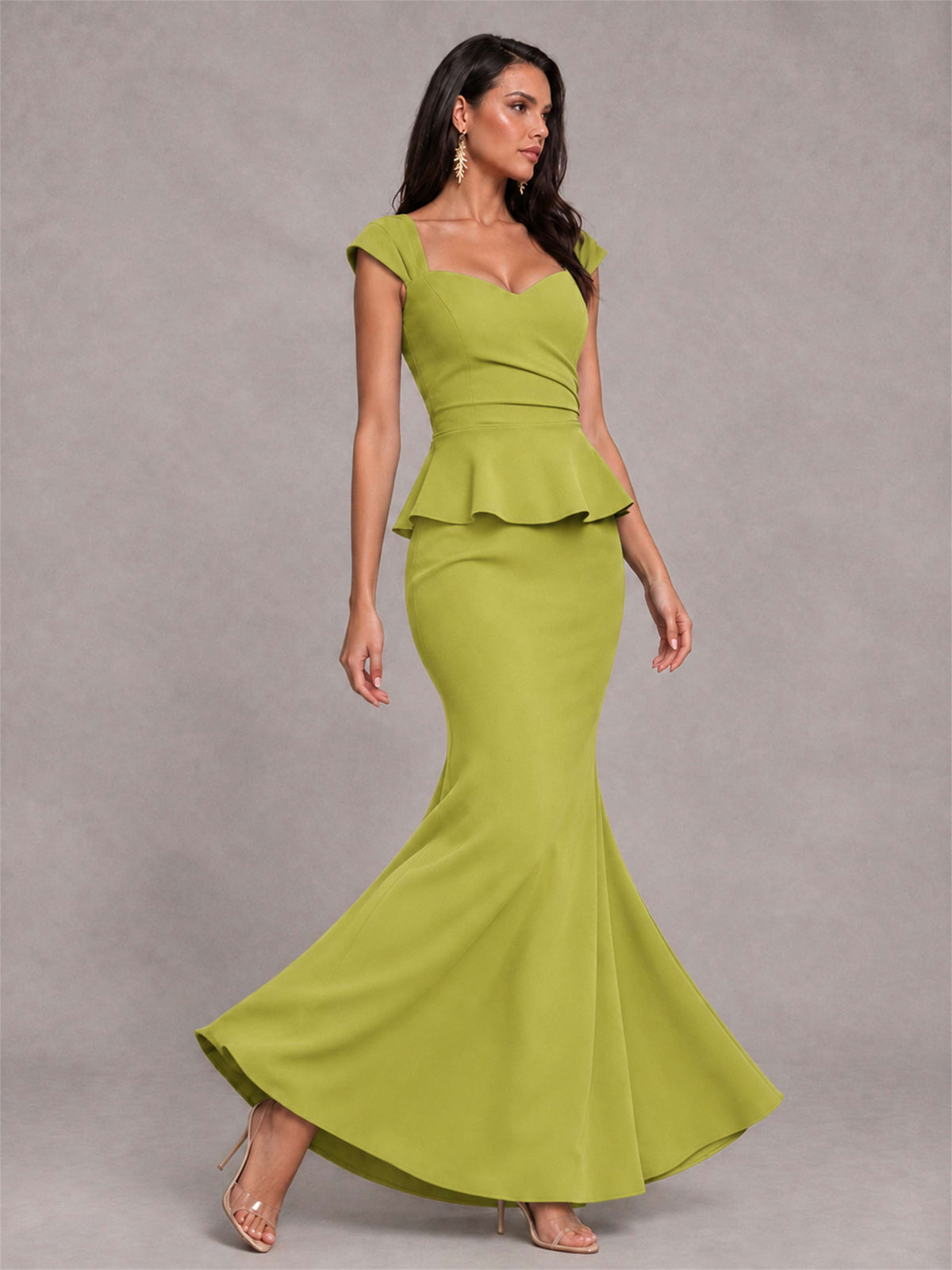 V-Neck Mermaid Satin Ruched Cap Sleeve Pleated Evening Dress