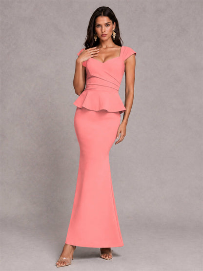 V-Neck Mermaid Satin Ruched Cap Sleeve Pleated Evening Dress