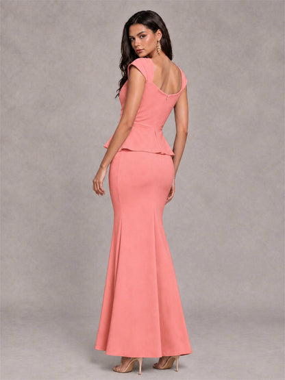 V-Neck Mermaid Satin Ruched Cap Sleeve Pleated Evening Dress