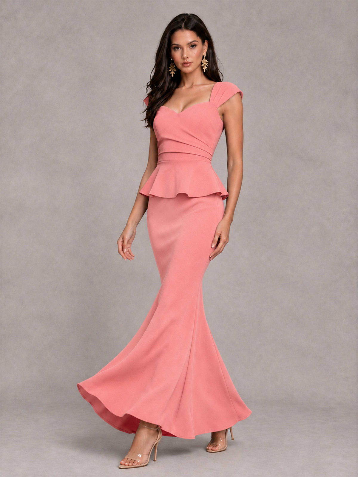 V-Neck Mermaid Satin Ruched Cap Sleeve Pleated Evening Dress