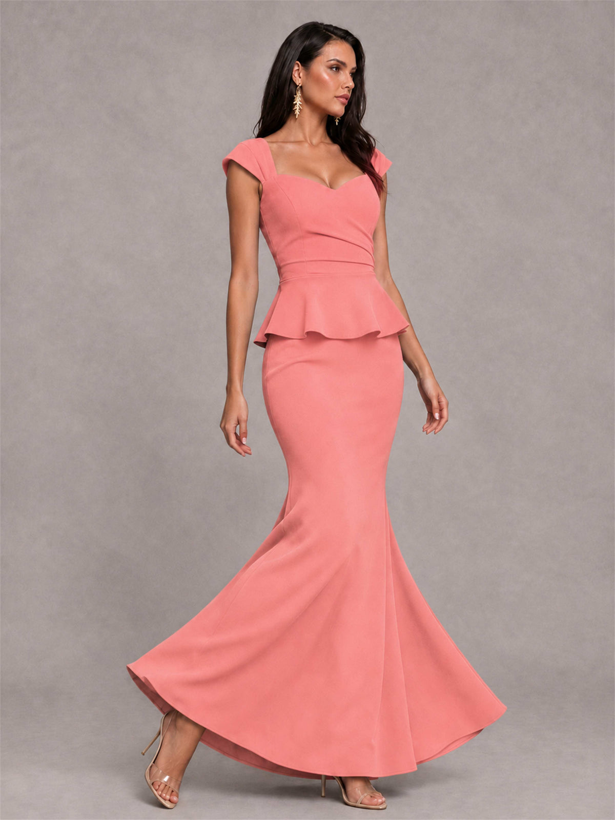 V-Neck Mermaid Satin Ruched Cap Sleeve Pleated Evening Dress