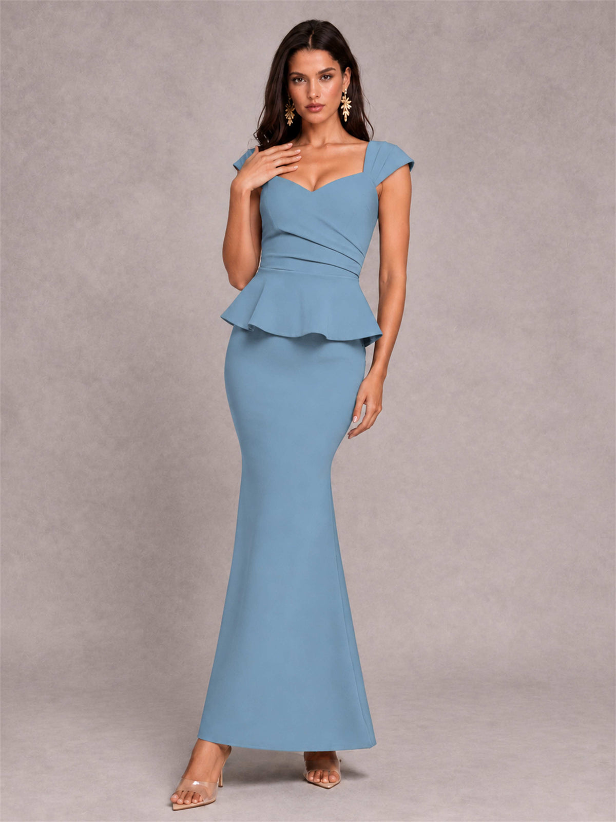 V-Neck Mermaid Satin Ruched Cap Sleeve Pleated Evening Dress