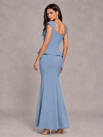 V-Neck Mermaid Satin Ruched Cap Sleeve Pleated Evening Dress