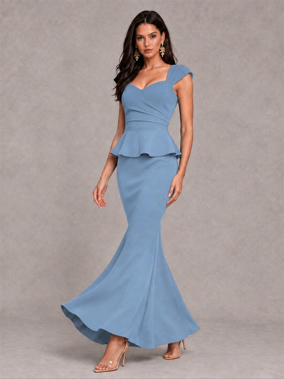 V-Neck Mermaid Satin Ruched Cap Sleeve Pleated Evening Dress