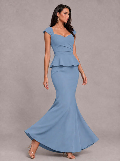 V-Neck Mermaid Satin Ruched Cap Sleeve Pleated Evening Dress