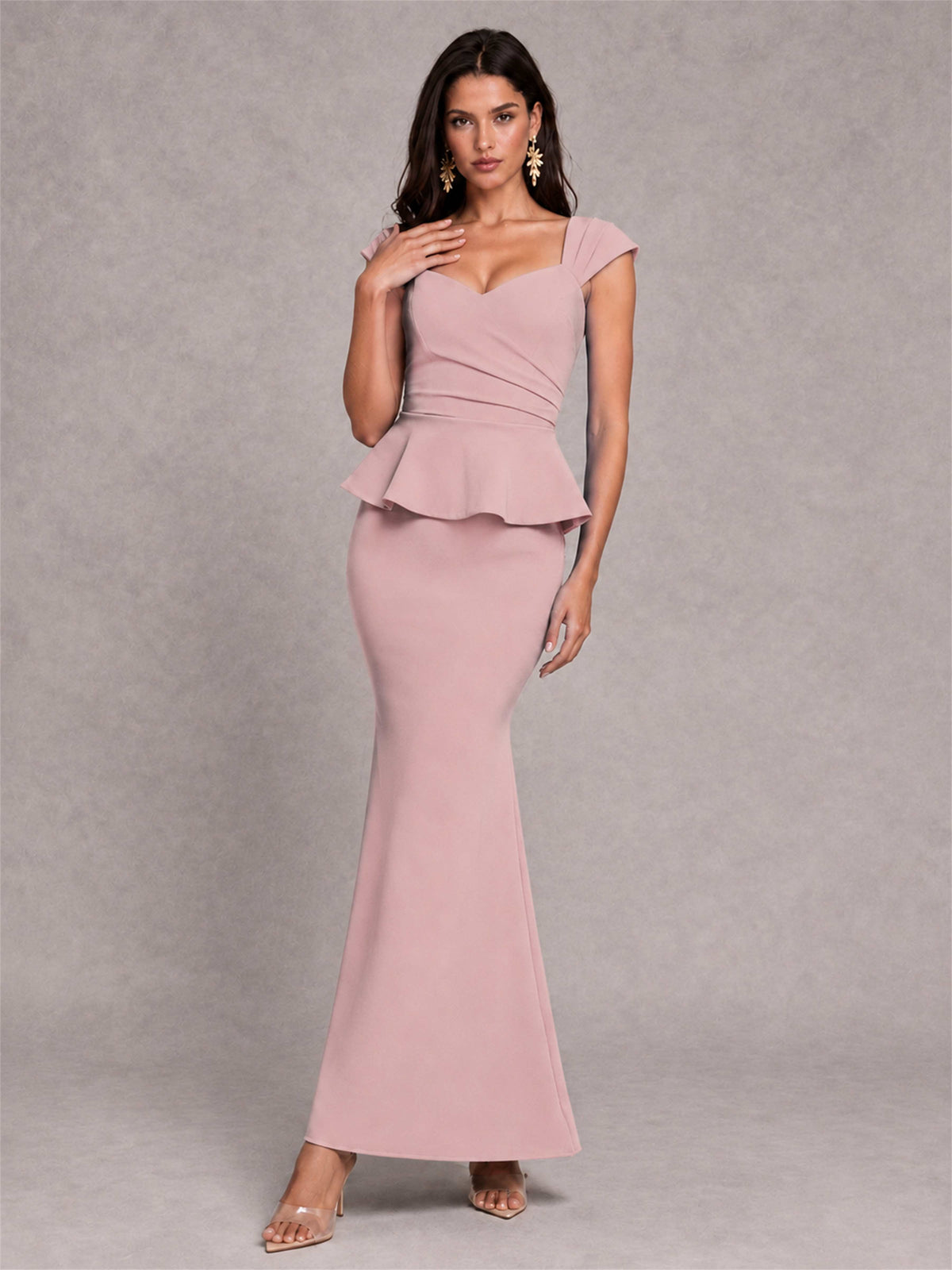 V-Neck Mermaid Satin Ruched Cap Sleeve Pleated Evening Dress