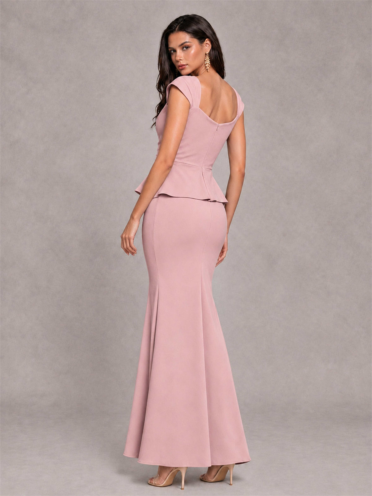 V-Neck Mermaid Satin Ruched Cap Sleeve Pleated Evening Dress