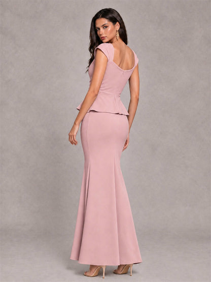 V-Neck Mermaid Satin Ruched Cap Sleeve Pleated Evening Dress