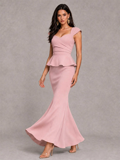 V-Neck Mermaid Satin Ruched Cap Sleeve Pleated Evening Dress