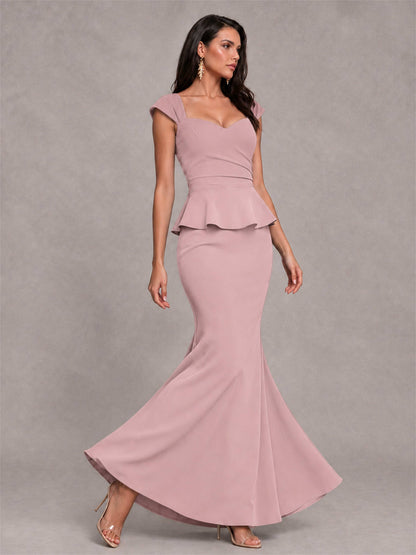 V-Neck Mermaid Satin Ruched Cap Sleeve Pleated Evening Dress