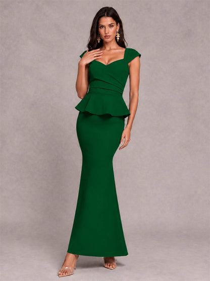 V-Neck Mermaid Satin Ruched Cap Sleeve Pleated Evening Dress