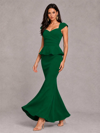 V-Neck Mermaid Satin Ruched Cap Sleeve Pleated Evening Dress
