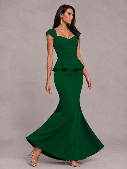 V-Neck Mermaid Satin Ruched Cap Sleeve Pleated Evening Dress