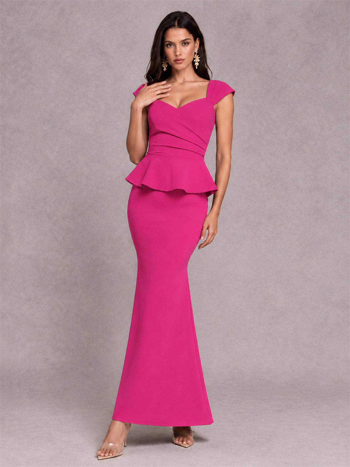 V-Neck Mermaid Satin Ruched Cap Sleeve Pleated Evening Dress